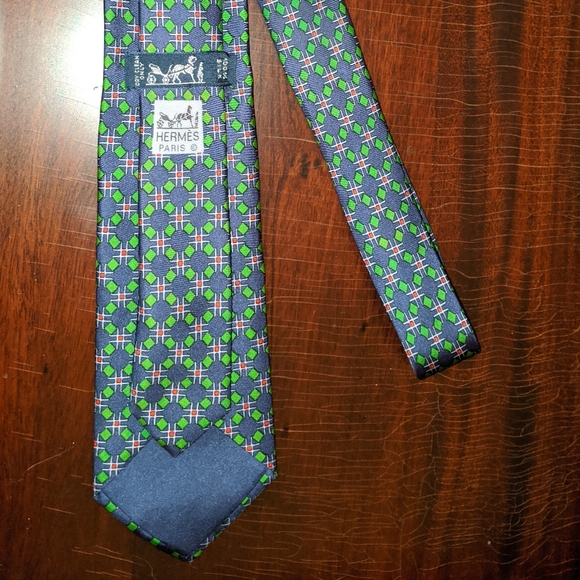 VTG HERMES Silk Tie Blue & Green Geometric Print - Picture 4 of 6